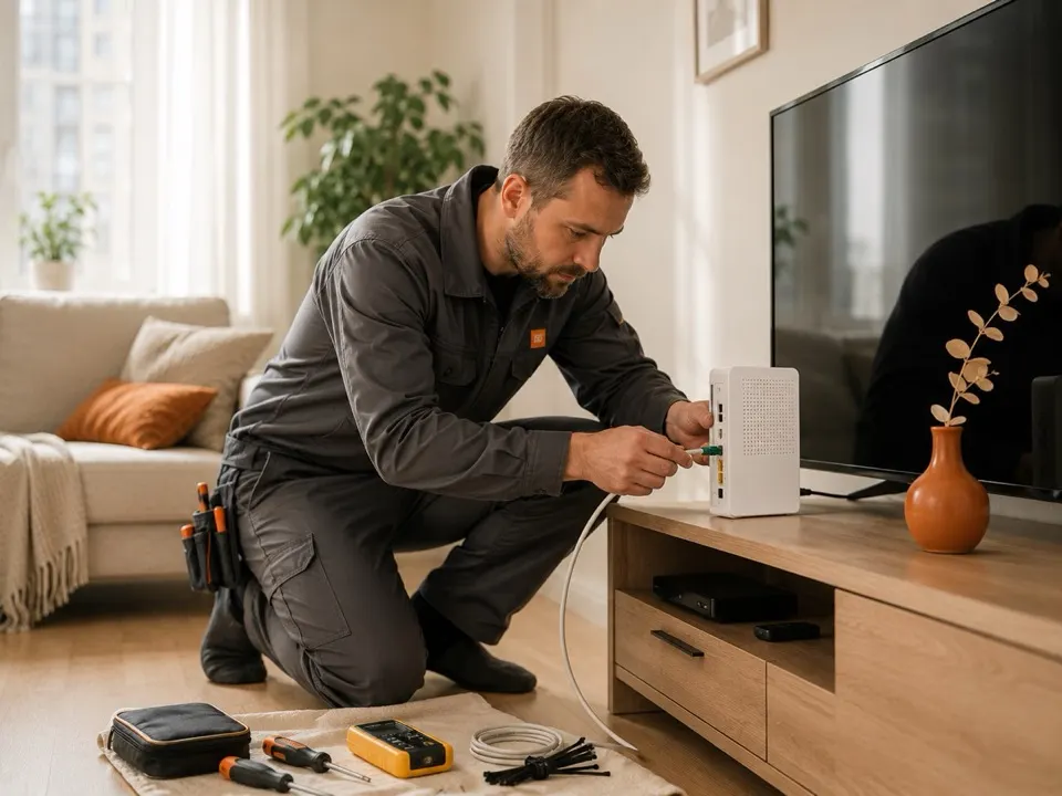 Мастер Таттелеком устанавливает Wi-Fi роутер у Smart TV